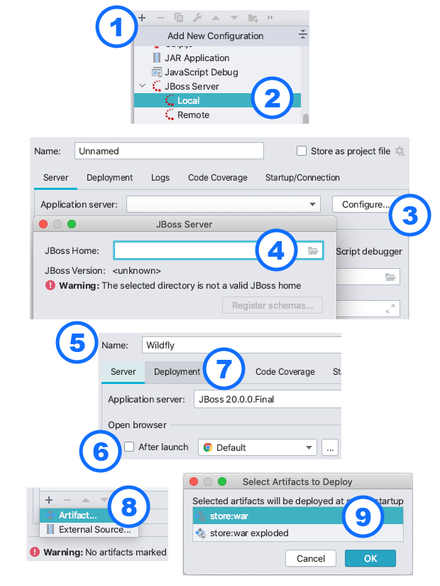 screenshots on how to set up a WildFly Run/Debug configuration in IntelliJ