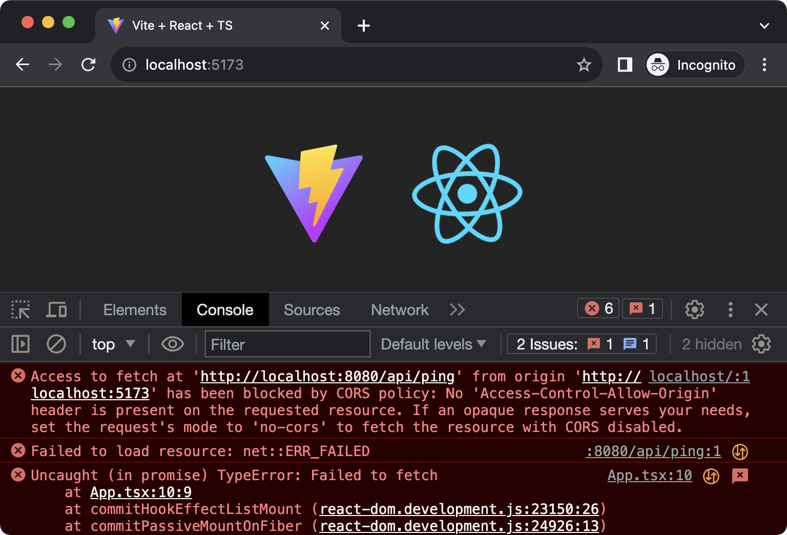 screenshot of the browser console, showing that localhost:5173 is not allowed to access localhost:8080/api/ping because of a missing 'Access-Control-Allow-Origin' header