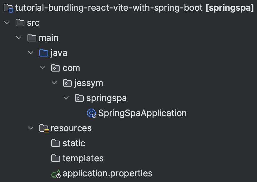 the initial files, mainly consisting of SpringSpaApplication.java and application.properties