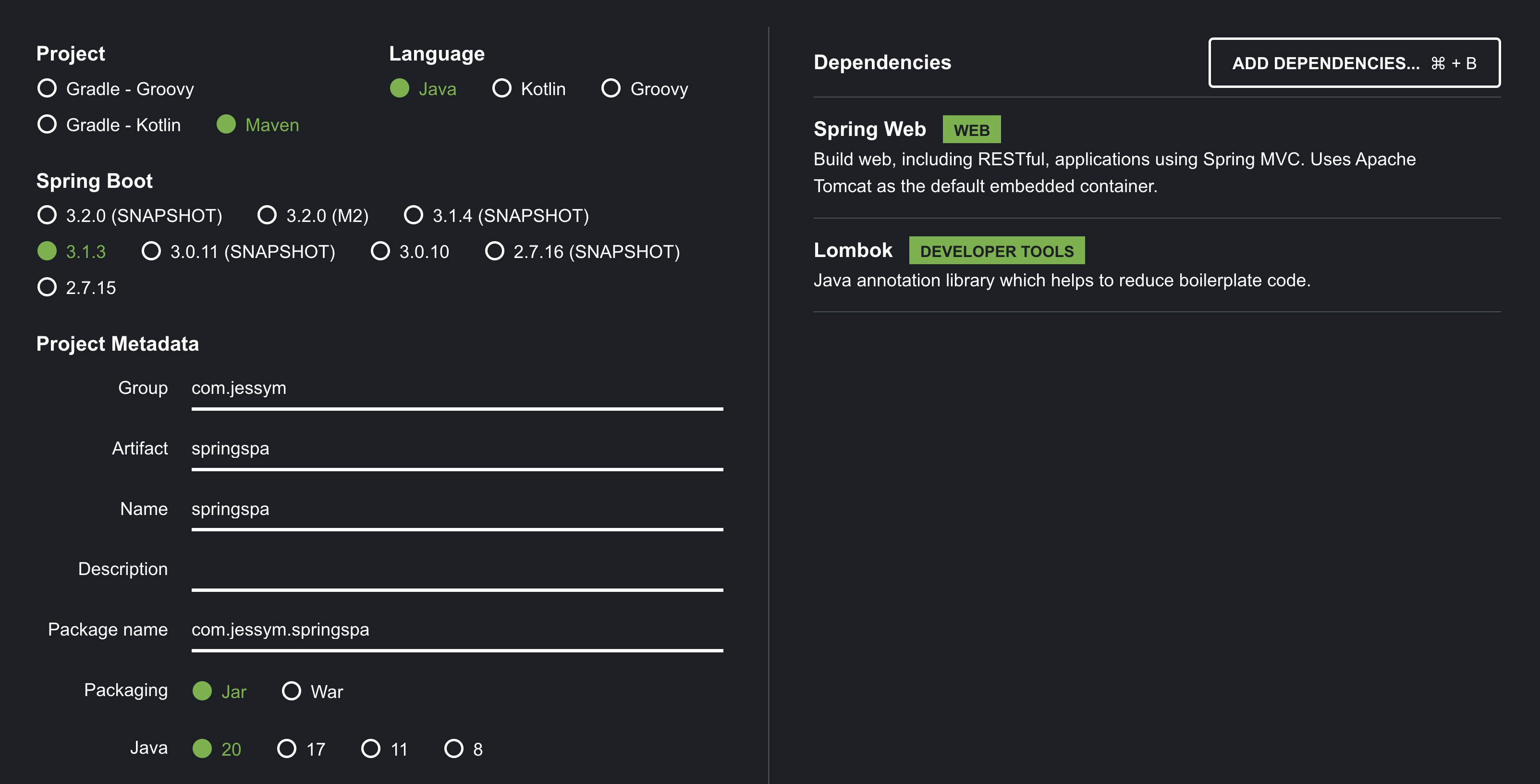 the Spring Initializr settings and dependencies I'm using: maven, java 20, spring boot 3.1.1, jar packaging, lombok, spring web